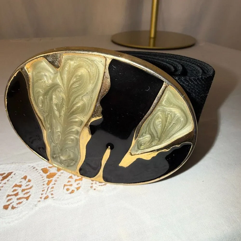 Vintage Nan Lewis Black & Gold Sculptural Enamel Buckle Belt | 1980s Modernist S